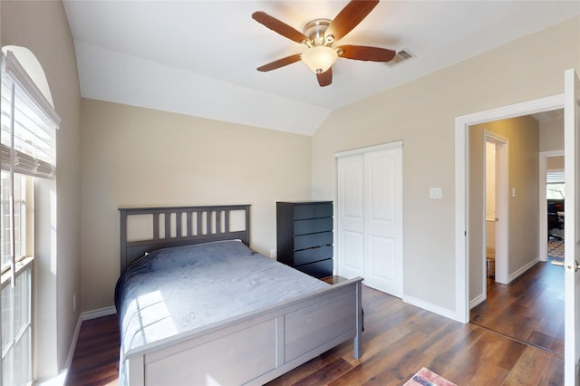 17315 Cumberland Park Ln, Humble, TX 77346 - bedroom featuring lofted ceiling, wood finished floors, a closet, and ceiling fan