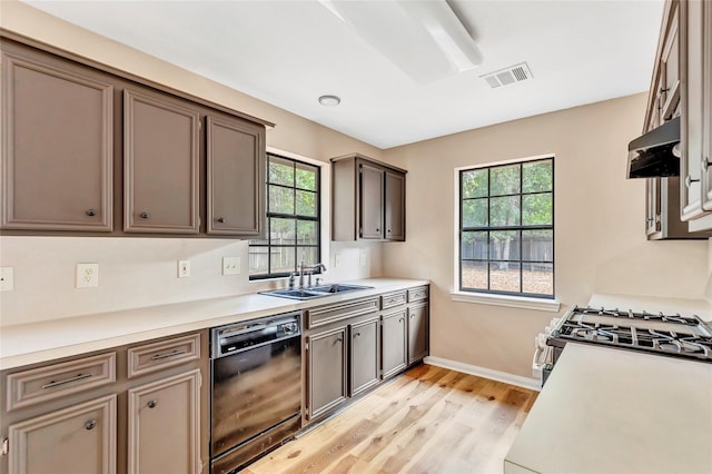 507 Odessa Dr, Magnolia, TX 77354 - kitchen featuring black dishwasher, under cabinet range hood, light wood-style flooring, and healthy amount of natural light