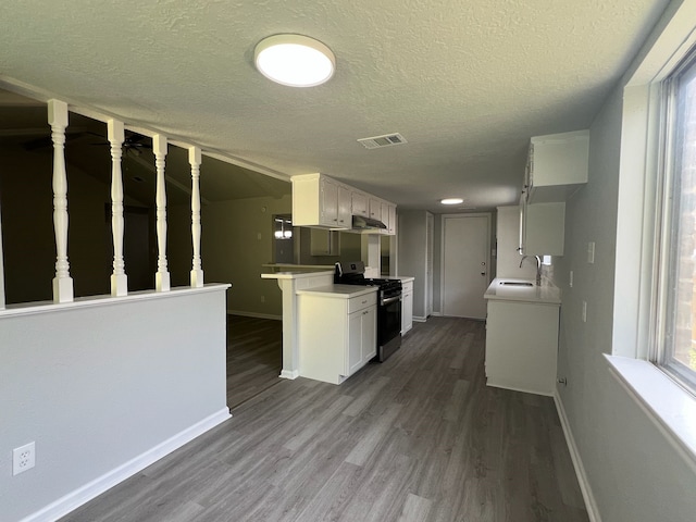 7726 Ashmole Ln, Houston, TX 77088 - kitchen with black gas range oven, a textured ceiling, dark wood-style floors, light countertops, and healthy amount of natural light