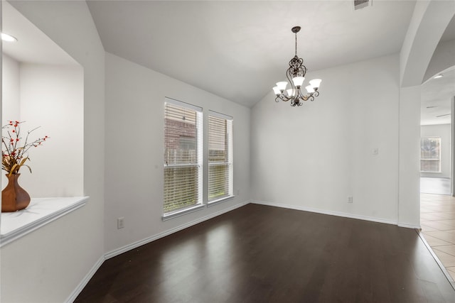 11047 Pierce Valley Dr, Richmond, TX 77406 - unfurnished room with wood finished floors, plenty of natural light, a chandelier, vaulted ceiling, and recessed lighting