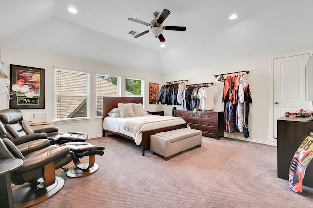 18774 Monetta Dr, New Caney, TX 77357 - bedroom with light carpet, vaulted ceiling, recessed lighting, and a ceiling fan