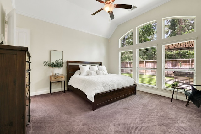18774 Monetta Dr, New Caney, TX 77357 - carpeted bedroom featuring crown molding, vaulted ceiling, and a ceiling fan