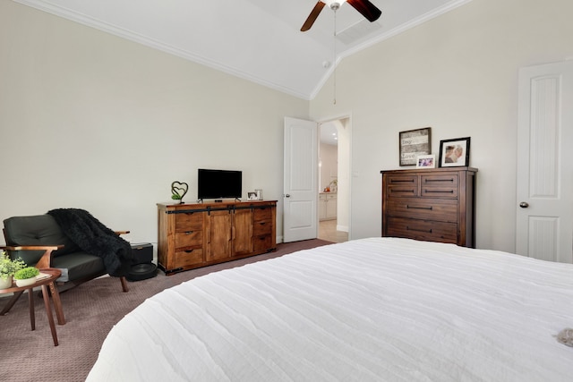 18774 Monetta Dr, New Caney, TX 77357 - carpeted bedroom featuring crown molding, ceiling fan, and high vaulted ceiling