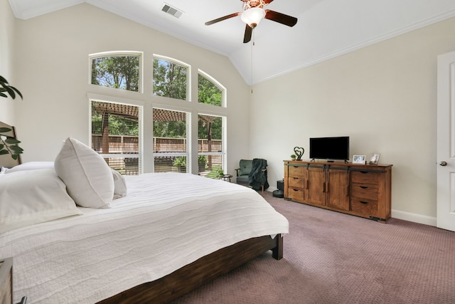 18774 Monetta Dr, New Caney, TX 77357 - bedroom featuring lofted ceiling, light colored carpet, crown molding, and a ceiling fan