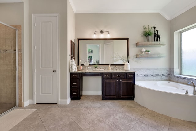 18774 Monetta Dr, New Caney, TX 77357 - full bathroom with ornamental molding, vanity, a stall shower, a garden tub, and tile patterned flooring
