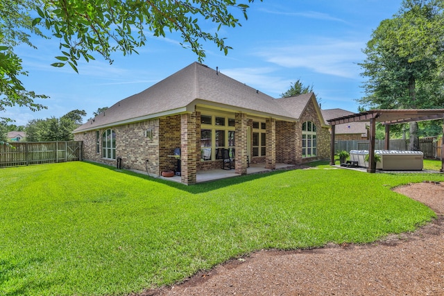 18774 Monetta Dr, New Caney, TX 77357 - rear view of house with a pergola, a fenced backyard, a hot tub, a patio area, and brick siding