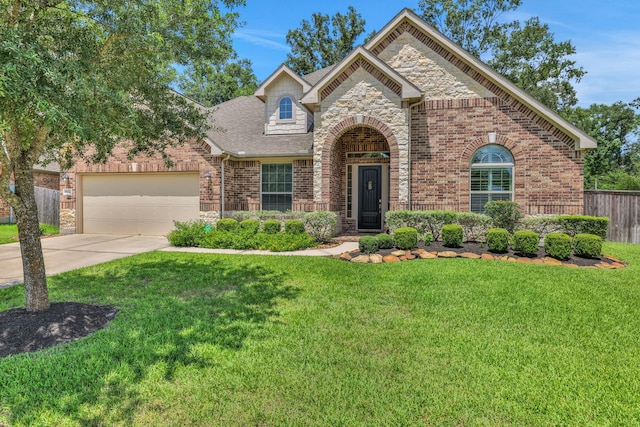 18774 Monetta Dr, New Caney, TX 77357 - view of front facade with brick siding, concrete driveway, a garage, roof with shingles, and stone siding