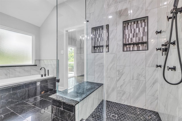 2504 Leroy St, Pearland, TX 77581 - full bath with a garden tub, a tile shower, and vaulted ceiling