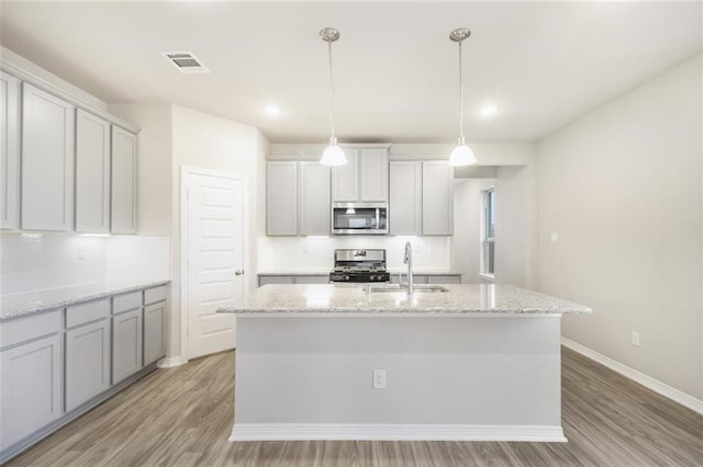 828 Laguna Green Ln, Katy, TX 77493 - kitchen featuring appliances with stainless steel finishes, light wood-style floors, a center island with sink, pendant lighting, and light stone countertops