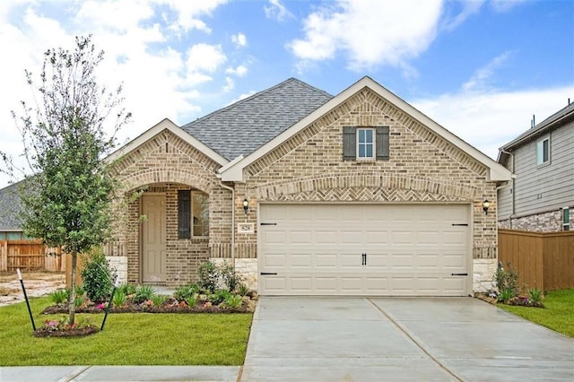 828 Laguna Green Ln, Katy, TX 77493 - french country home featuring stone siding, concrete driveway, a garage, brick siding, and roof with shingles