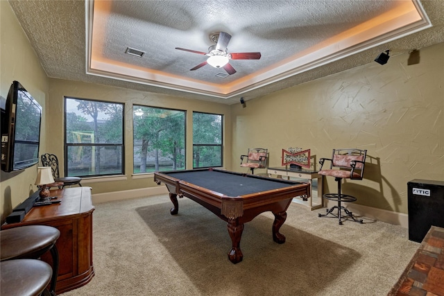 3 Creekwood Dr, Montgomery, TX 77356 - game room with a raised ceiling, a textured ceiling, carpet, pool table, and ceiling fan