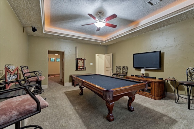 3 Creekwood Dr, Montgomery, TX 77356 - playroom featuring a textured ceiling, a raised ceiling, carpet, a ceiling fan, and billiards table