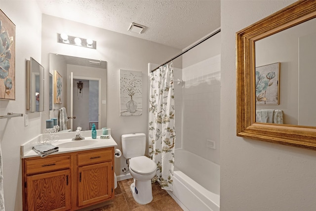 3310 Country Meadows Ct, Pearland, TX 77584 - full bath with a textured ceiling, vanity, shower / bath combo with shower curtain, and tile patterned flooring