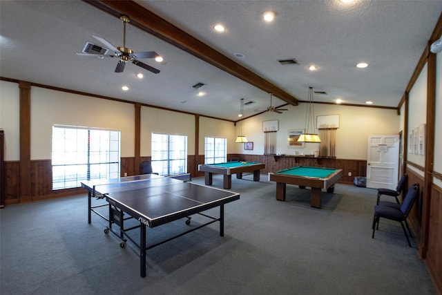 3310 Country Meadows Ct, Pearland, TX 77584 - recreation room featuring wainscoting, ceiling fan, carpet floors, wood walls, and billiards