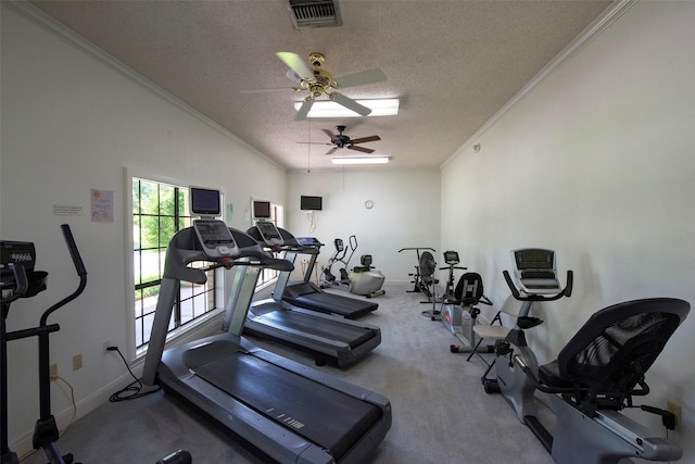 3310 Country Meadows Ct, Pearland, TX 77584 - gym with a textured ceiling, ornamental molding, carpet flooring, and a ceiling fan