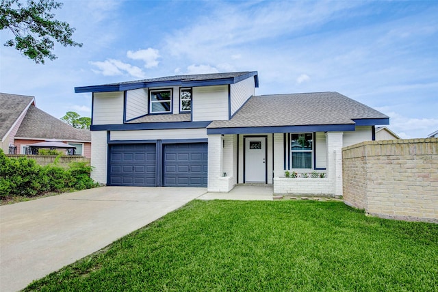12102 Benmore Dr, Houston, TX 77099 - split level home featuring an attached garage, driveway, brick siding, and roof with shingles