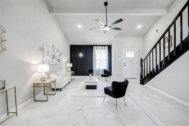 12102 Benmore Dr, Houston, TX 77099 - living area featuring marble finish flooring, stairs, a ceiling fan, and recessed lighting