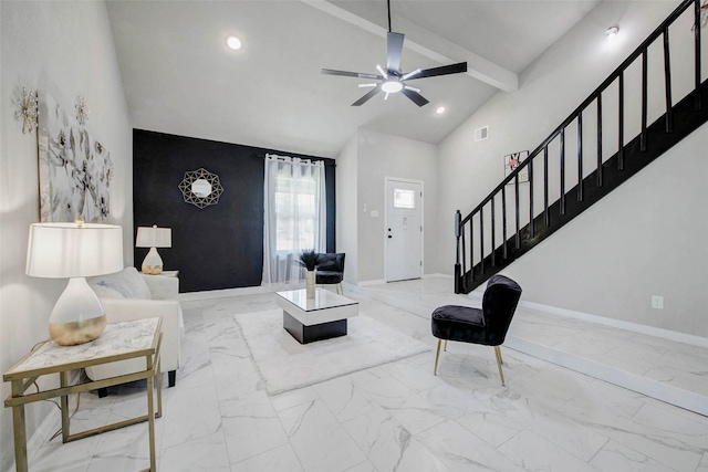 12102 Benmore Dr, Houston, TX 77099 - living area with marble finish flooring, stairs, recessed lighting, beam ceiling, and a ceiling fan