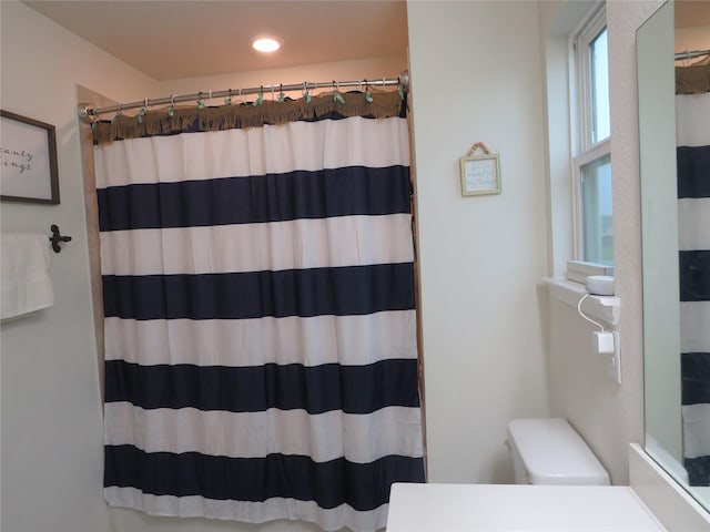 5218 Stone Castle Tower St, Katy, TX 77493 - bathroom with a shower with curtain, vanity, and recessed lighting