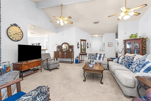 4818 Lost Lake Ln, Spring, TX 77388 - carpeted living area with a ceiling fan, beam ceiling, and high vaulted ceiling