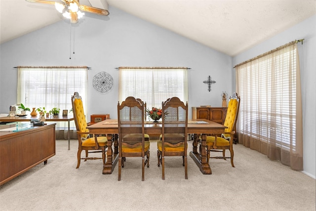 4818 Lost Lake Ln, Spring, TX 77388 - dining space featuring lofted ceiling, light carpet, and a ceiling fan