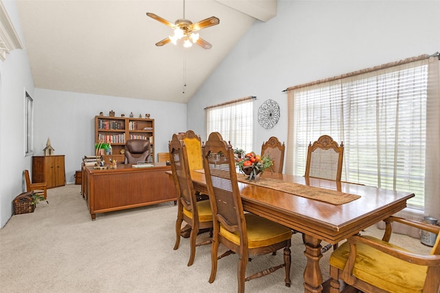4818 Lost Lake Ln, Spring, TX 77388 - dining area with ceiling fan, light colored carpet, beam ceiling, and high vaulted ceiling