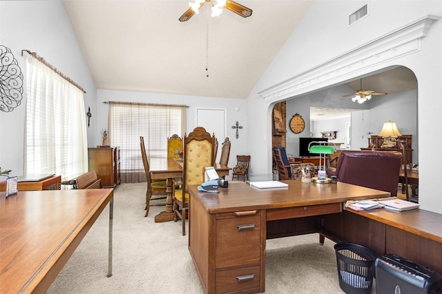 4818 Lost Lake Ln, Spring, TX 77388 - office with a ceiling fan, arched walkways, light colored carpet, and high vaulted ceiling