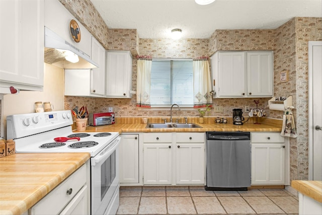 4818 Lost Lake Ln, Spring, TX 77388 - kitchen featuring dishwasher, electric range, white cabinetry, and backsplash