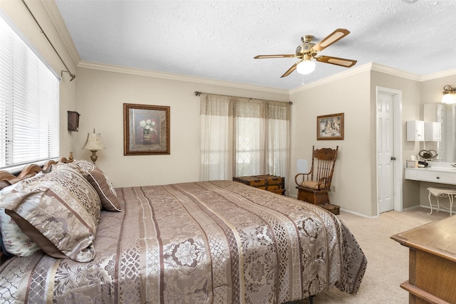 4818 Lost Lake Ln, Spring, TX 77388 - carpeted bedroom with crown molding, a ceiling fan, and a textured ceiling