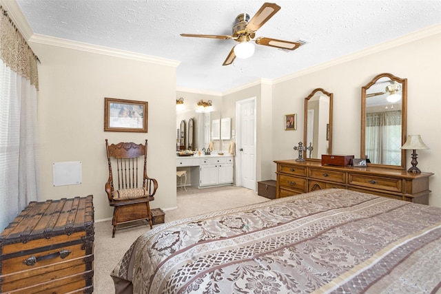 4818 Lost Lake Ln, Spring, TX 77388 - bedroom with light colored carpet, crown molding, a textured ceiling, ensuite bathroom, and ceiling fan