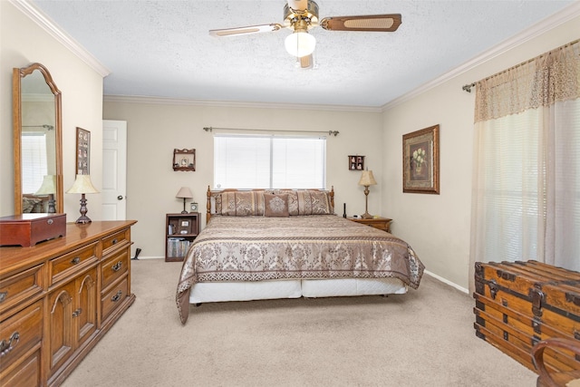 4818 Lost Lake Ln, Spring, TX 77388 - bedroom with light carpet, a textured ceiling, ornamental molding, and a ceiling fan