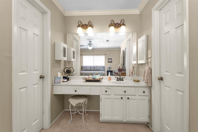 4818 Lost Lake Ln, Spring, TX 77388 - bathroom with ornamental molding, vanity, connected bathroom, and ceiling fan