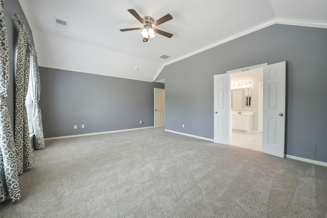 21326 Pebble Pine Trl, Cypress, TX 77433 - unfurnished bedroom featuring lofted ceiling, carpet flooring, ornamental molding, ceiling fan, and ensuite bathroom