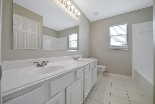 21326 Pebble Pine Trl, Cypress, TX 77433 - full bathroom featuring double vanity, tile patterned floors, and washtub / shower combination