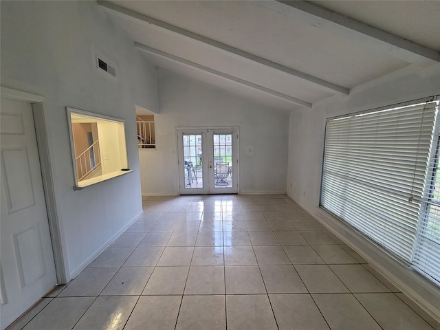 13930 New Village Ln, Sugar Land, TX 77498 - empty room with french doors, beamed ceiling, light tile patterned flooring, and high vaulted ceiling