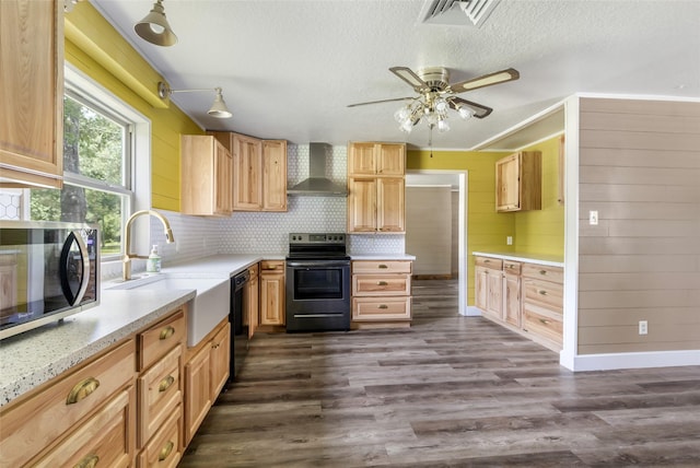 456 Cheatham Rd, Huffman, TX 77336 - kitchen featuring electric range oven, wall chimney exhaust hood, stainless steel microwave, dark wood-style flooring, and a ceiling fan
