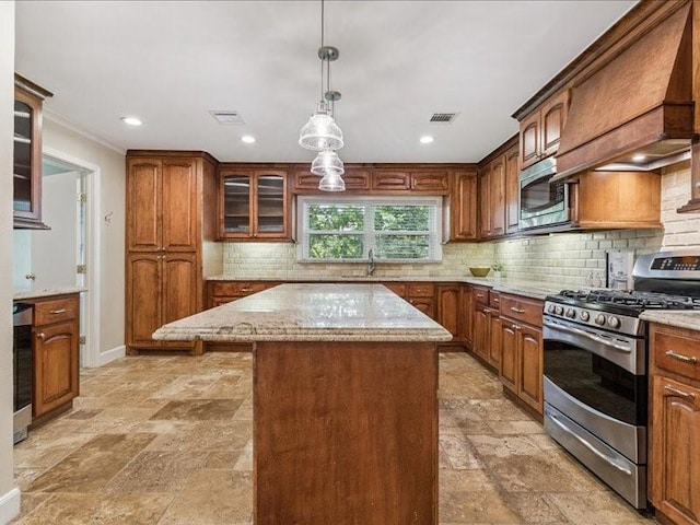 9327 Willowview Ln, Houston, TX 77080 - kitchen featuring stainless steel appliances, stone tile floors, premium range hood, light stone counters, and glass insert cabinets