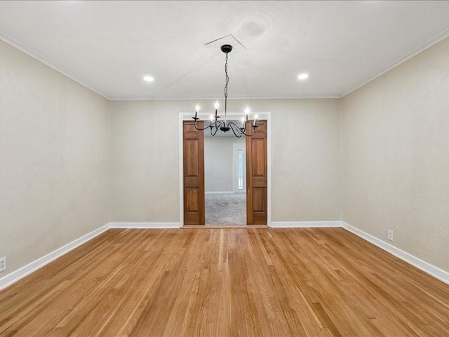9327 Willowview Ln, Houston, TX 77080 - empty room with a chandelier, light wood-type flooring, ornamental molding, and recessed lighting