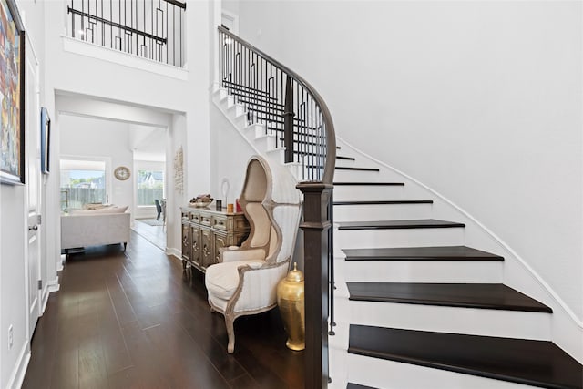 4710 Pecos Ridge Ln, Sugar Land, TX 77479 - staircase with a towering ceiling and wood finished floors