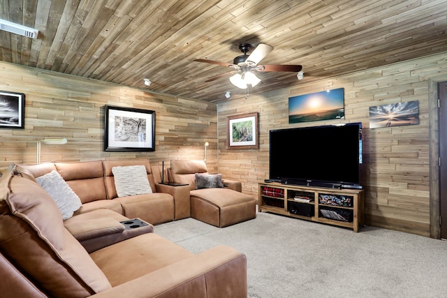 221 Kings Way, Coldspring, TX 77331 - carpeted living area featuring wood walls, ceiling fan, and wood ceiling