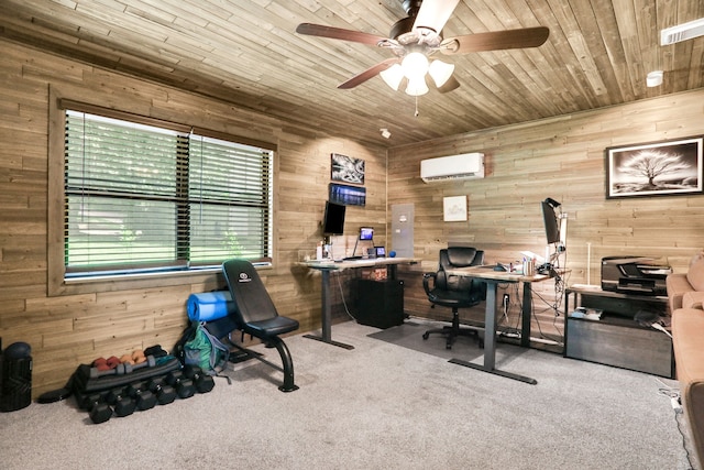 221 Kings Way, Coldspring, TX 77331 - office space featuring a wall mounted air conditioner, carpet flooring, wood walls, ceiling fan, and wooden ceiling