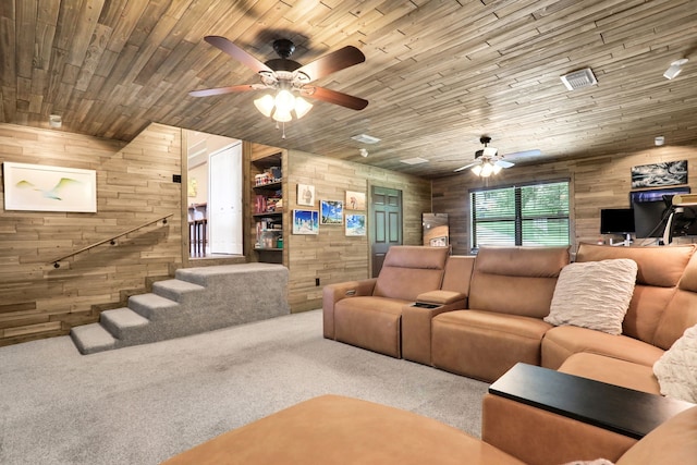 221 Kings Way, Coldspring, TX 77331 - living area with wood walls, a ceiling fan, carpet floors, and wooden ceiling