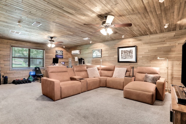 221 Kings Way, Coldspring, TX 77331 - living area featuring ceiling fan, wooden walls, carpet floors, and wood ceiling