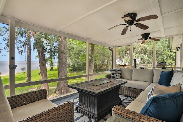 221 Kings Way, Coldspring, TX 77331 - sunroom / solarium with a water view, an outdoor hangout area, and ceiling fan