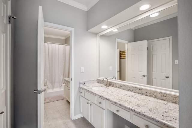 248 Wilcrest Dr Unit 248, Houston, TX 77042 - bathroom with ornamental molding, vanity, tile patterned floors, recessed lighting, and shower / bath combo
