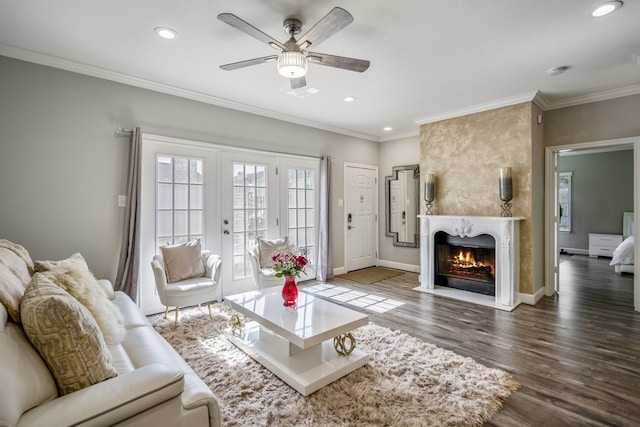 248 Wilcrest Dr Unit 248, Houston, TX 77042 - living area featuring a ceiling fan, recessed lighting, french doors, ornamental molding, and wood finished floors