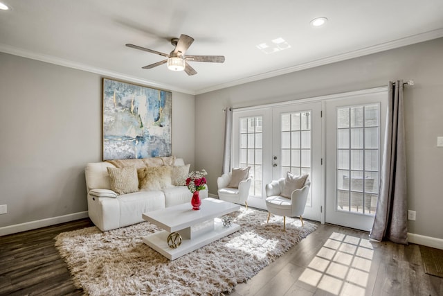 248 Wilcrest Dr Unit 248, Houston, TX 77042 - living room with crown molding, ceiling fan, wood finished floors, recessed lighting, and french doors