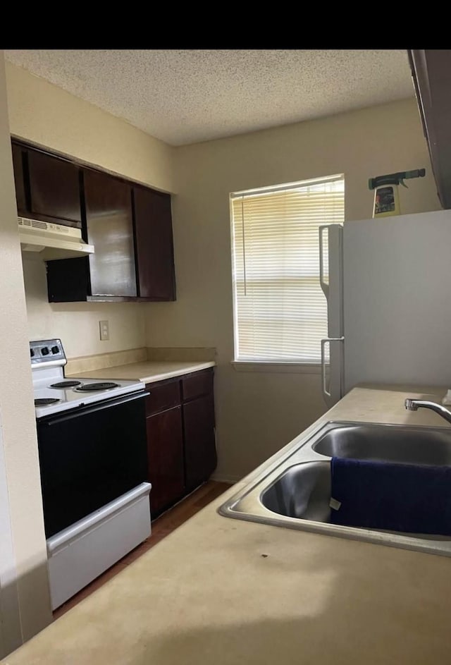 5664 Birchmont Dr Unit 4, Houston, TX 77091 - kitchen featuring white appliances, under cabinet range hood, dark brown cabinets, light countertops, and a textured ceiling