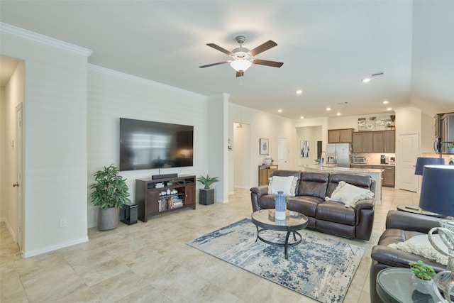18811 Palmetto Hills Dr, New Caney, TX 77357 - living room featuring ceiling fan, recessed lighting, and ornamental molding