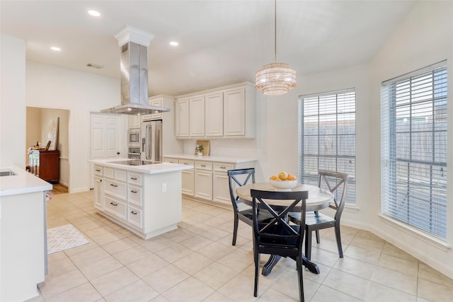 23314 Dunhill Ct, Katy, TX 77494 - kitchen with range hood, stainless steel refrigerator with ice dispenser, black electric stovetop, light countertops, and recessed lighting